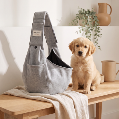 Grey CarryPaws dog sling carrier on a bench beside a golden puppy