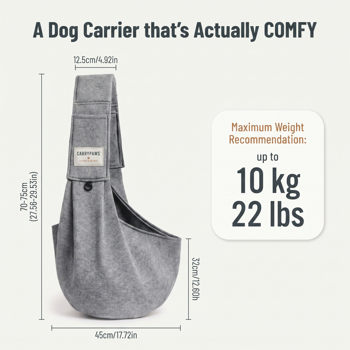 CarryPaws dog sling carrier size guide, 50cm x 20cm opening, suits dogs up to 10kg / 22lb