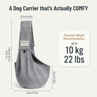 CarryPaws dog sling carrier size guide, 50cm x 20cm opening, suits dogs up to 10kg / 22lb