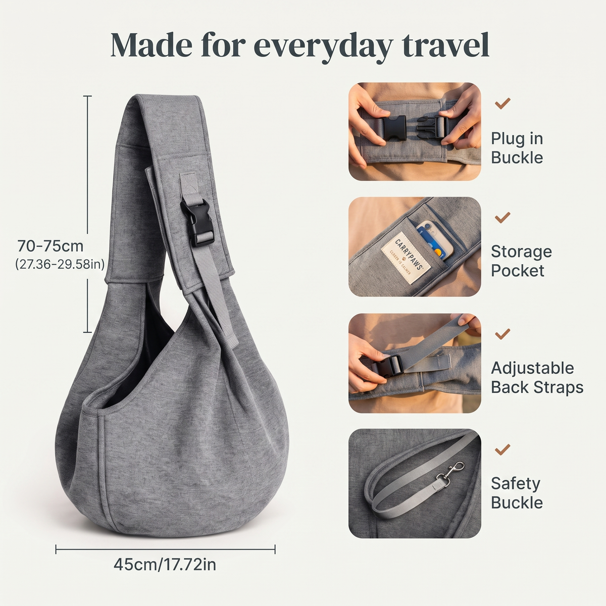 CarryPaws dog sling carrier features, buckle, storage pocket, adjustable straps and safety clip