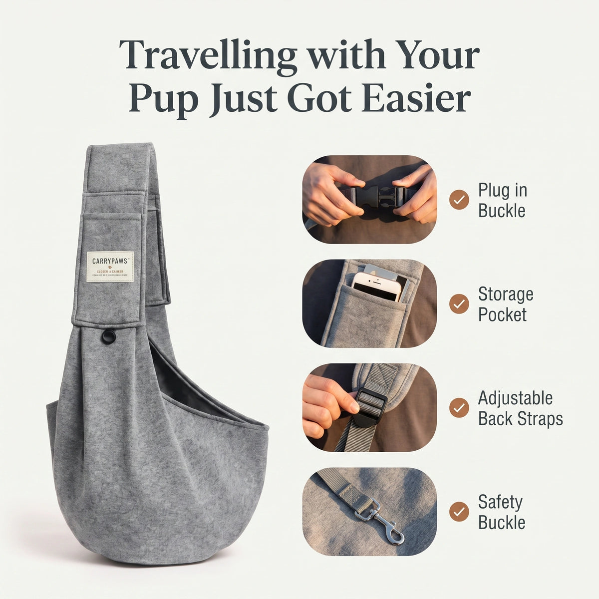 Grey CarryPaws dog sling carrier showing its adjustable buckle, storage pocket and safety clip