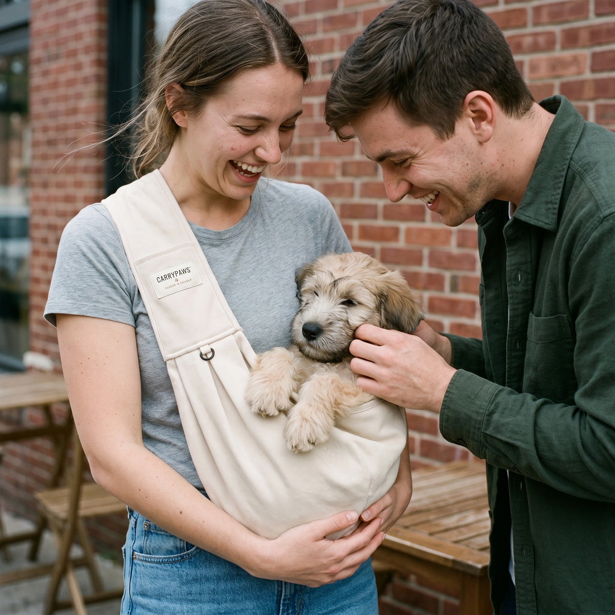 Young couple with a sleepy puppy in a beige CarryPaws dog sling carrier outside a cafe