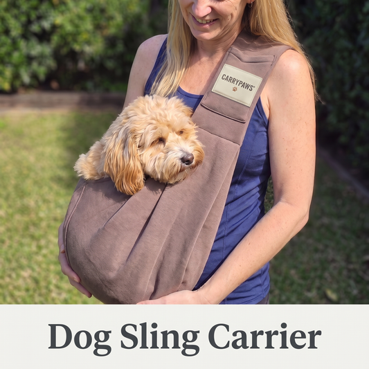 Woman carrying her cavoodle in a coffee brown CarryPaws dog sling carrier in a sunny garden