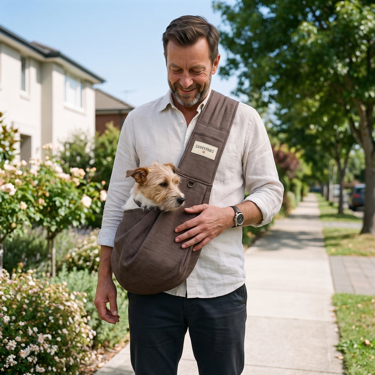 Man carrying his small dog in a coffee brown CarryPaws dog sling carrier on a sunny leafy street