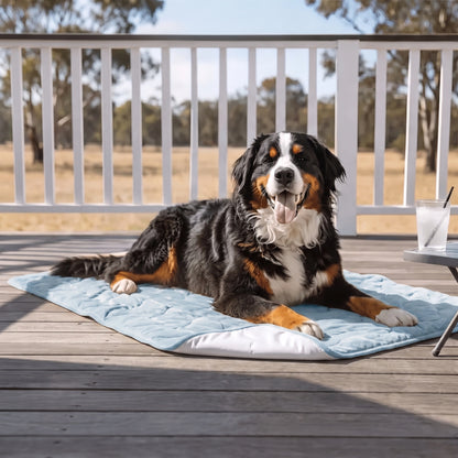 Blue CoolPaws dog cooling mat on a sunny timber deck with a Bernese Mountain Dog lying on it