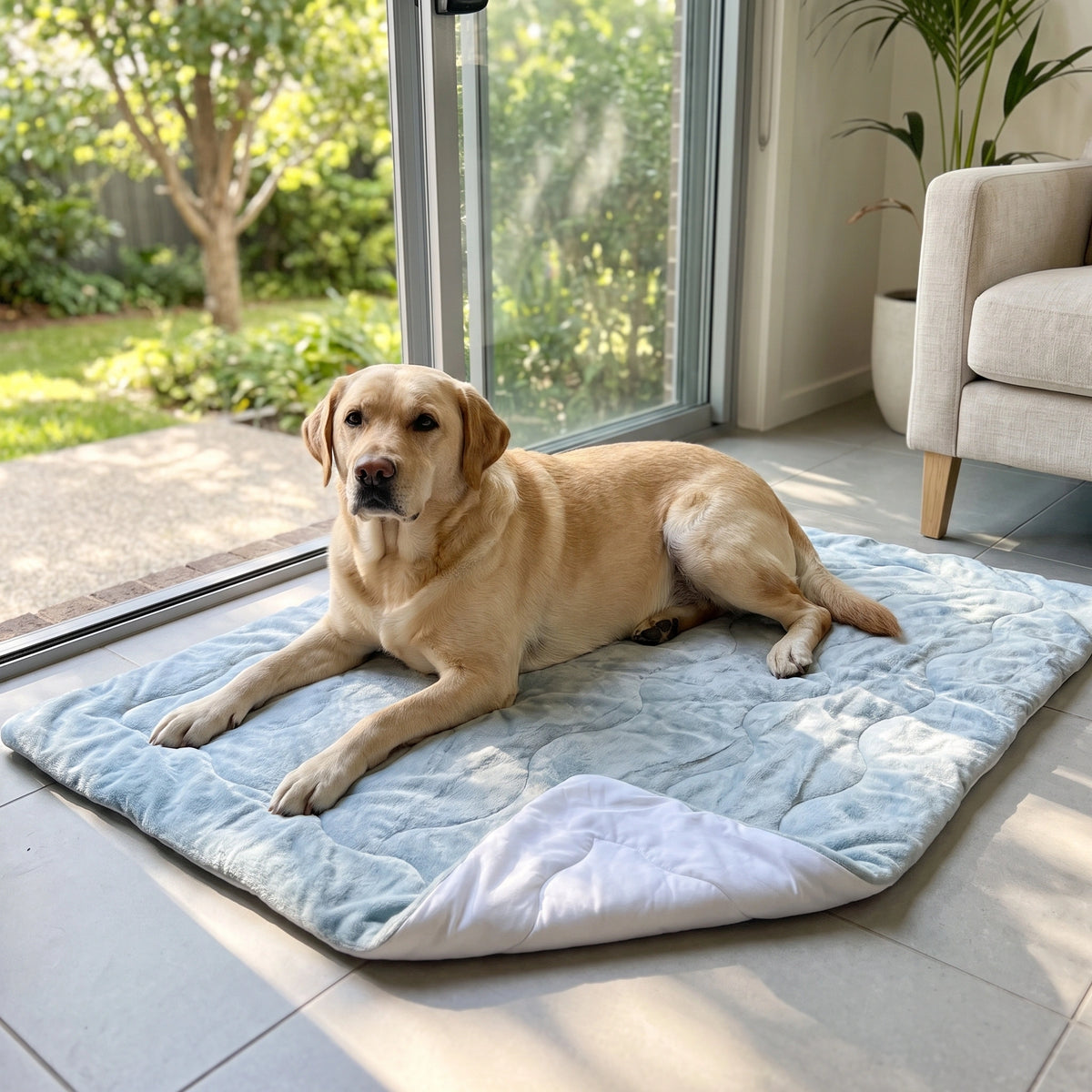 Blue CoolPaws dog cooling mat indoors on tiles with a golden Labrador resting beside an open garden door