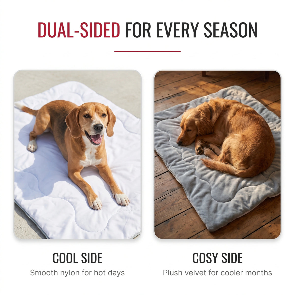 Dual-sided CoolPaws dog cooling mat, smooth cooling side for summer and plush velvet side for cooler months