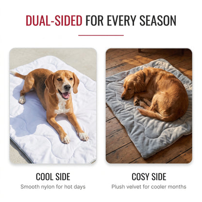 Dual-sided CoolPaws dog cooling mat, smooth cooling side for summer and plush velvet side for cooler months