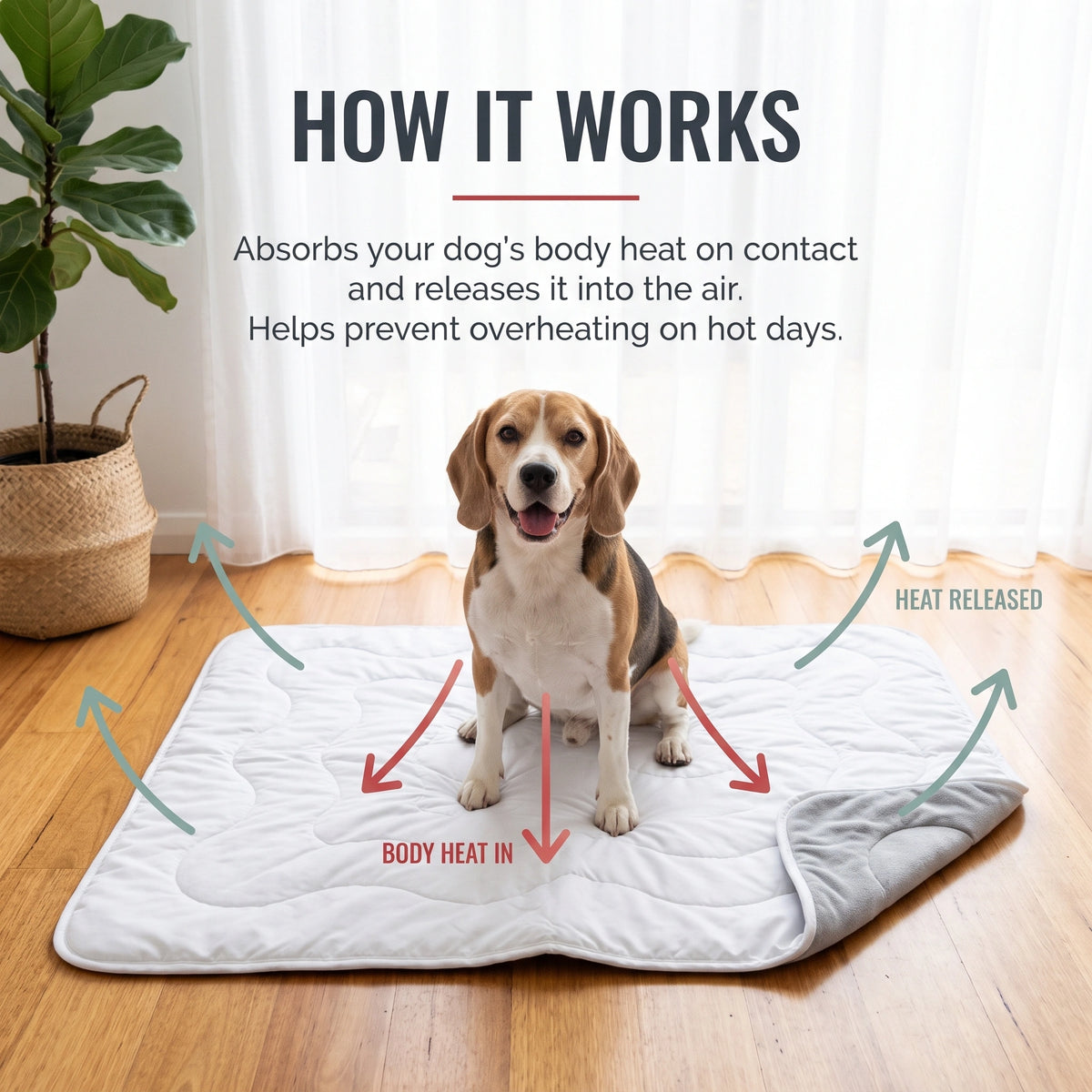 How the CoolPaws dog cooling mat works, the nylon face absorbs body heat on contact and releases it into the air