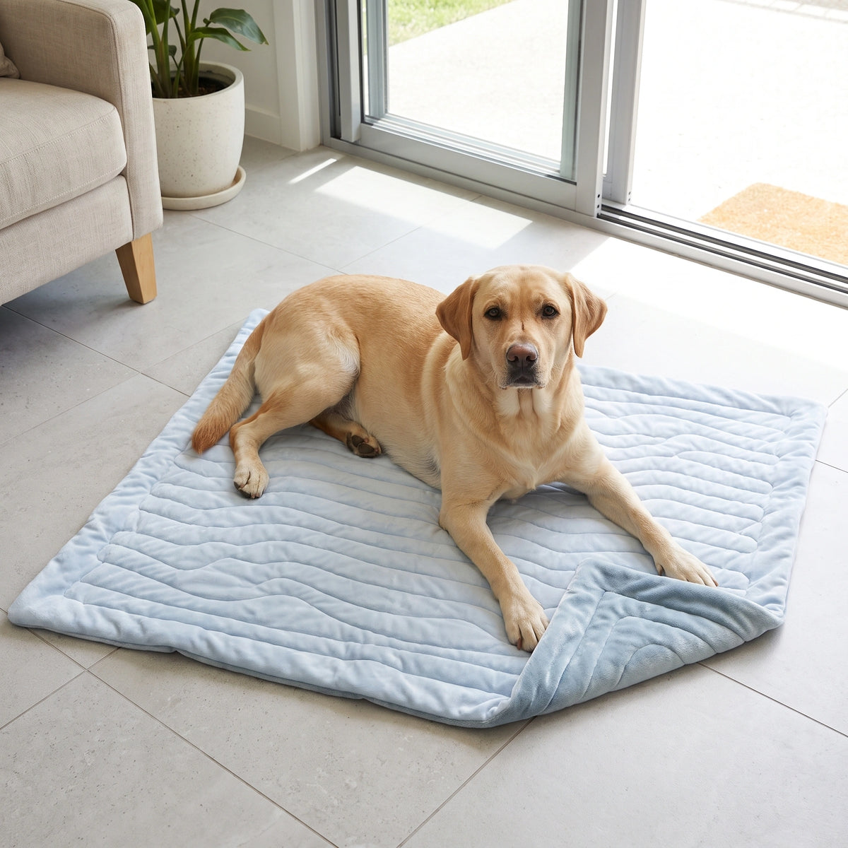 Blue CoolPaws dog cooling mat on tiles beside an open door with a Labrador stretched out on it