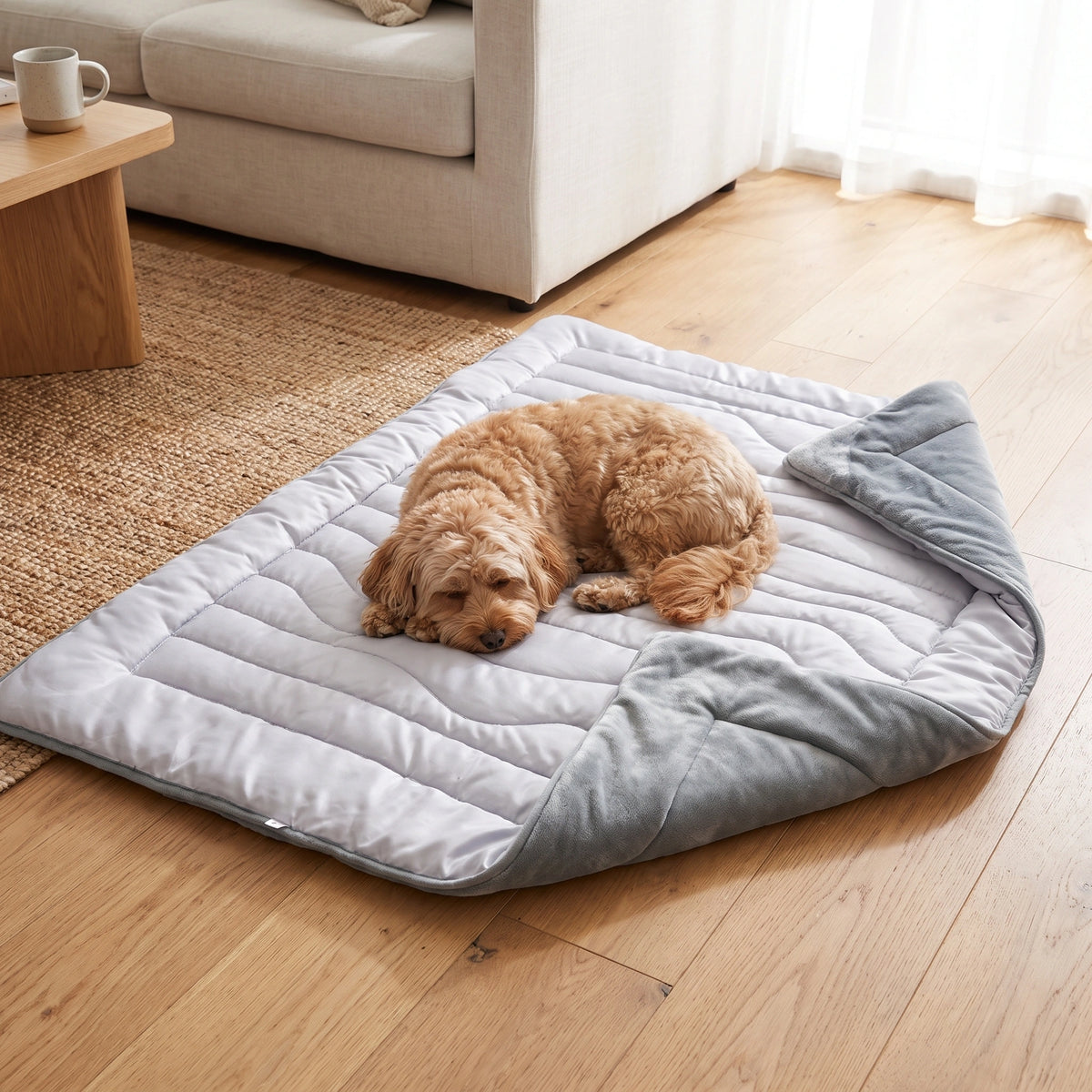 Grey CoolPaws dog cooling mat on timber floorboards with a Cavoodle curled up on it