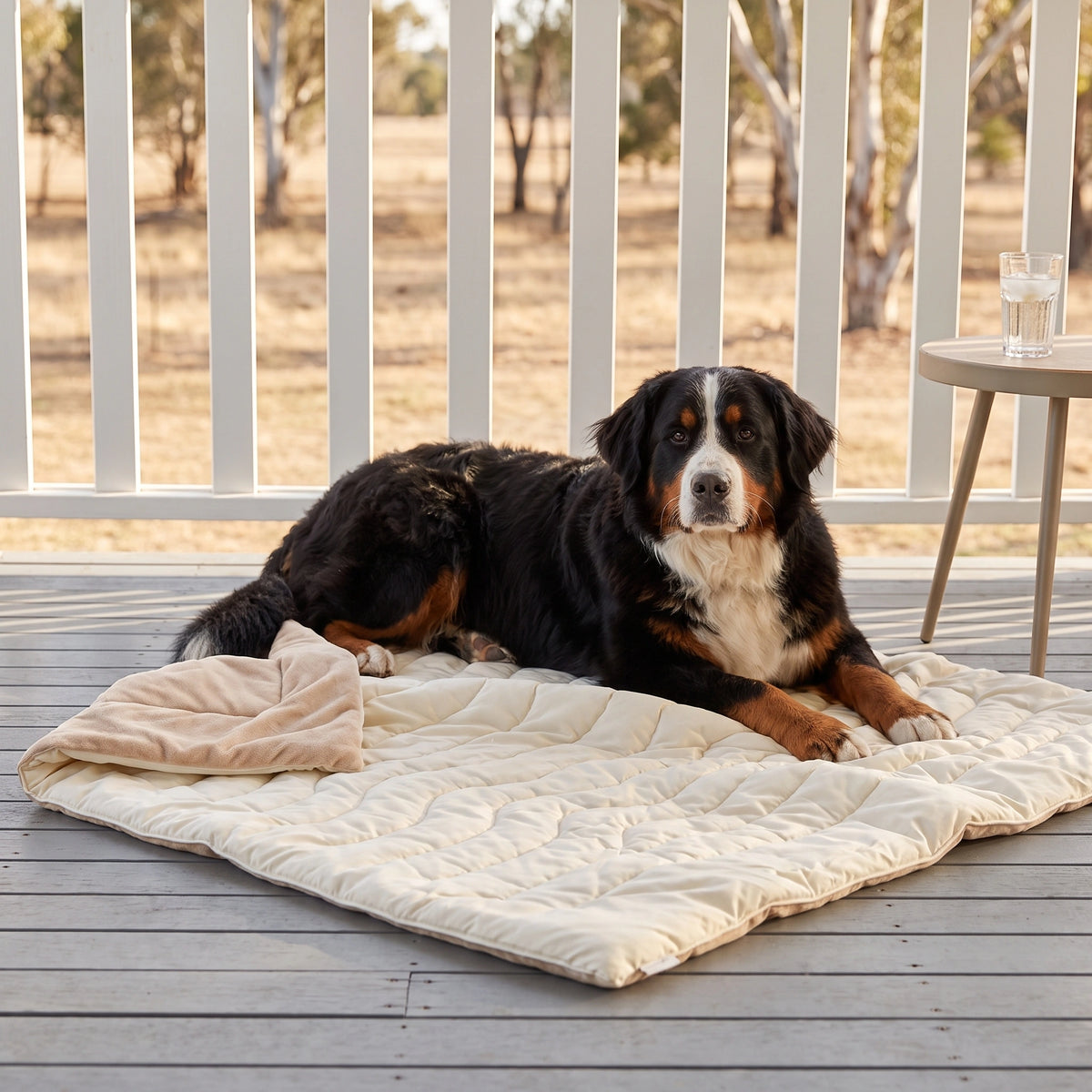 Beige CoolPaws dog cooling mat showing its quilted cooling side and plush velvet reverse, Bernese Mountain Dog lying on it