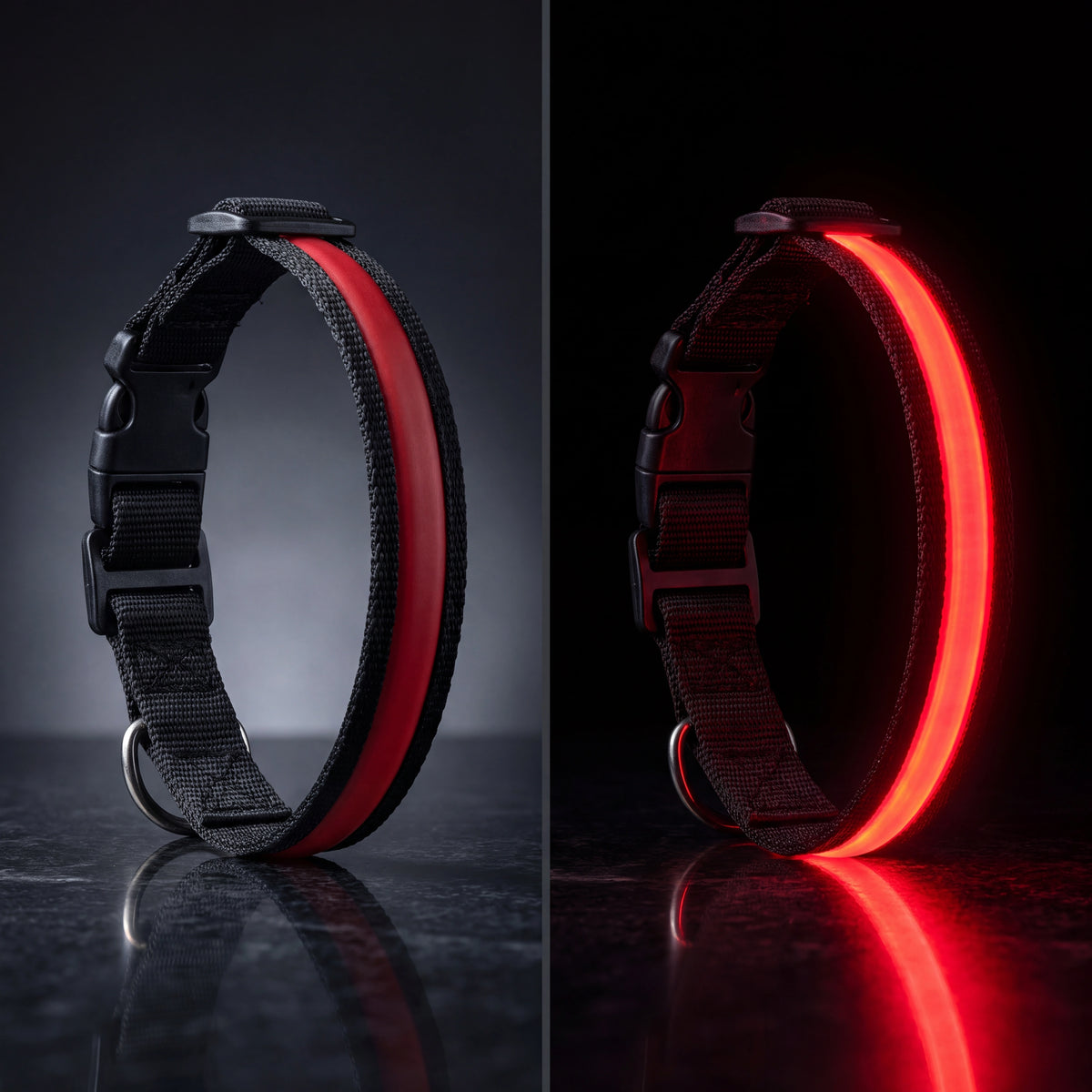 GlowCollar LED dog collar in Red, shown unlit and glowing red in the dark, black nylon band with buckle and D-ring
