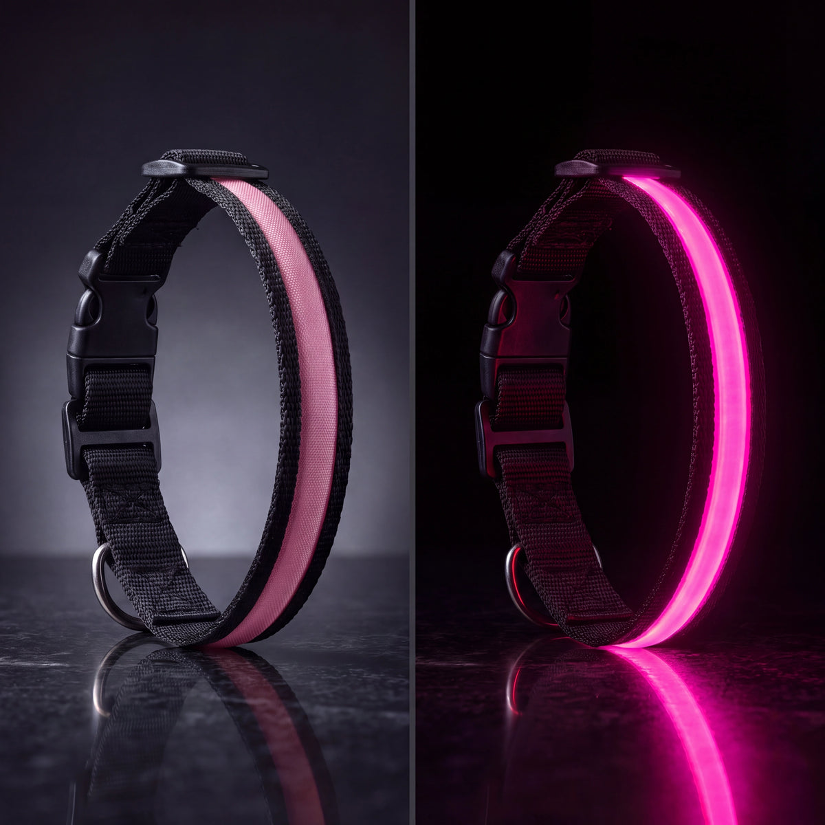 GlowCollar LED dog collar in Pink, shown unlit and glowing pink in the dark, black nylon band with buckle and D-ring