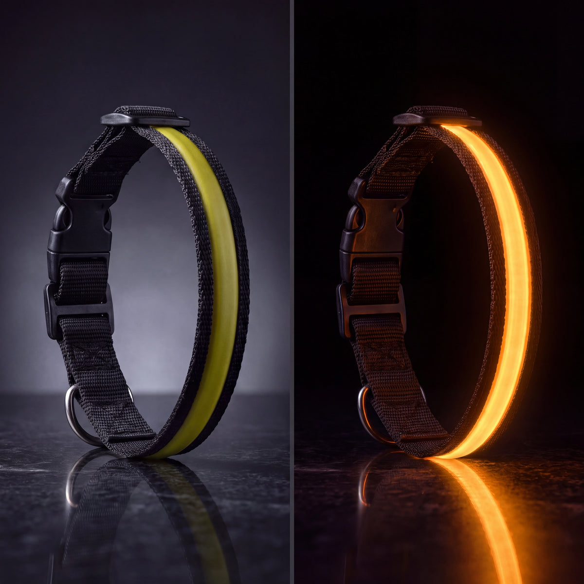 GlowCollar LED dog collar in Yellow, shown unlit and glowing golden yellow in the dark, black nylon band with buckle and D-ring