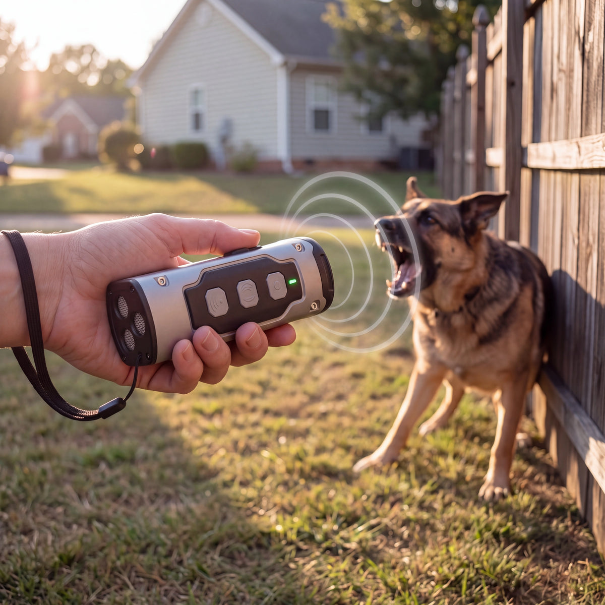QuietPaws PRO ultrasonic anti-barking device sending ultrasonic waves toward a barking German Shepherd at a garden fence