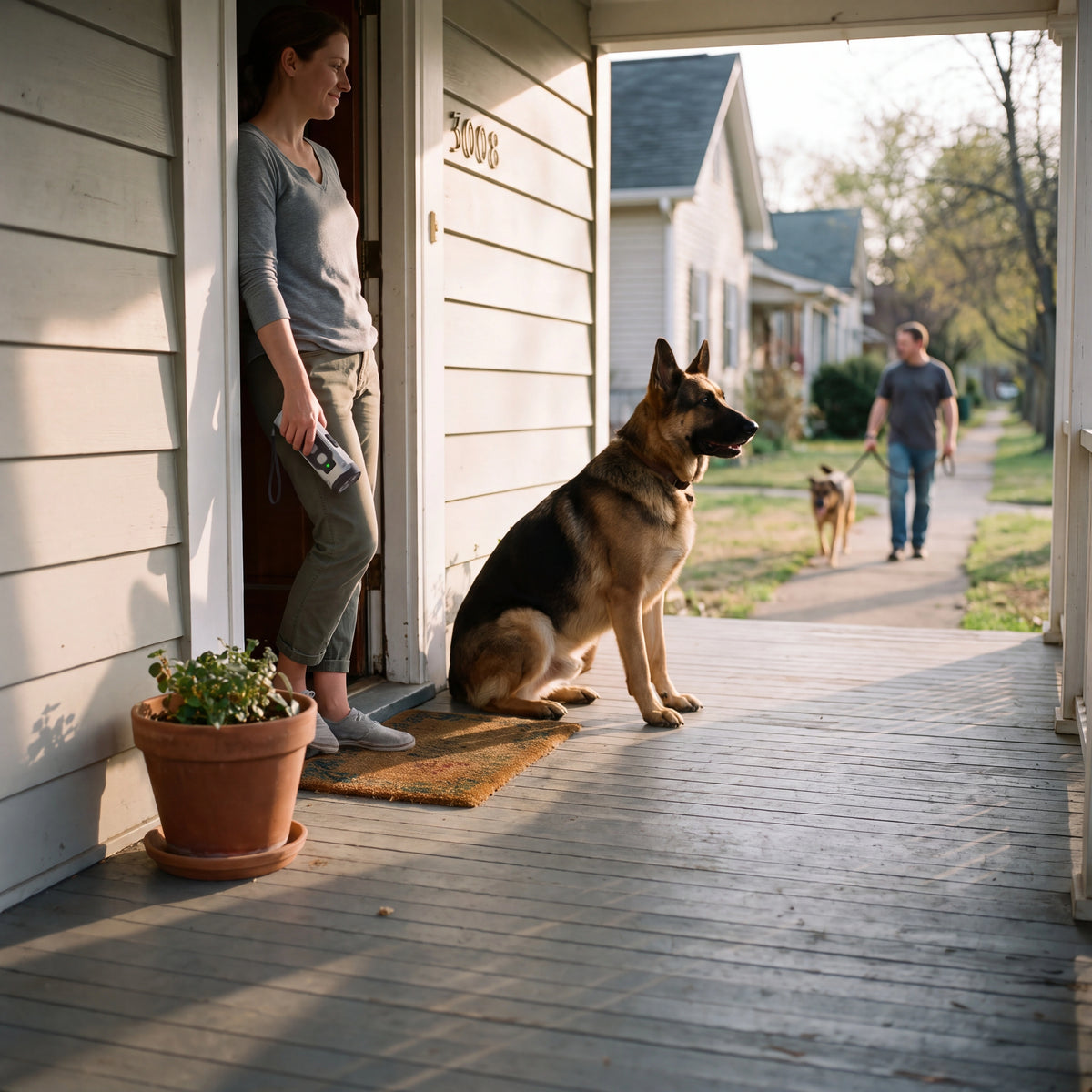 German Shepherd sitting calmly at an open front door while a neighbour walks past, owner holding the QuietPaws PRO device