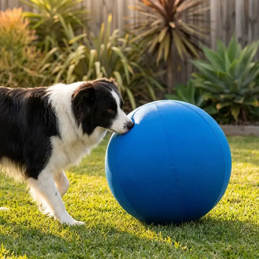 Border Collie chasing MusterBall™ herding ball on grass