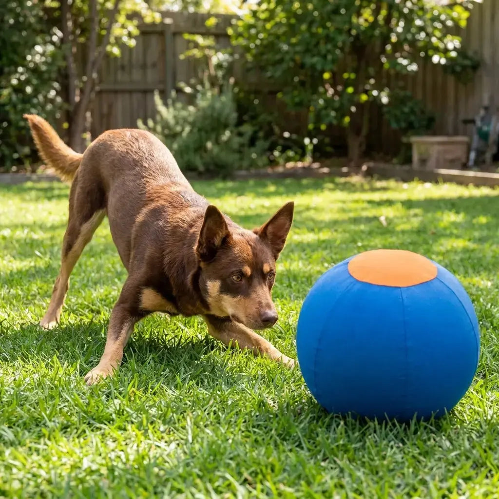 Dog chasing MusterBall™ herding ball outdoors on grass