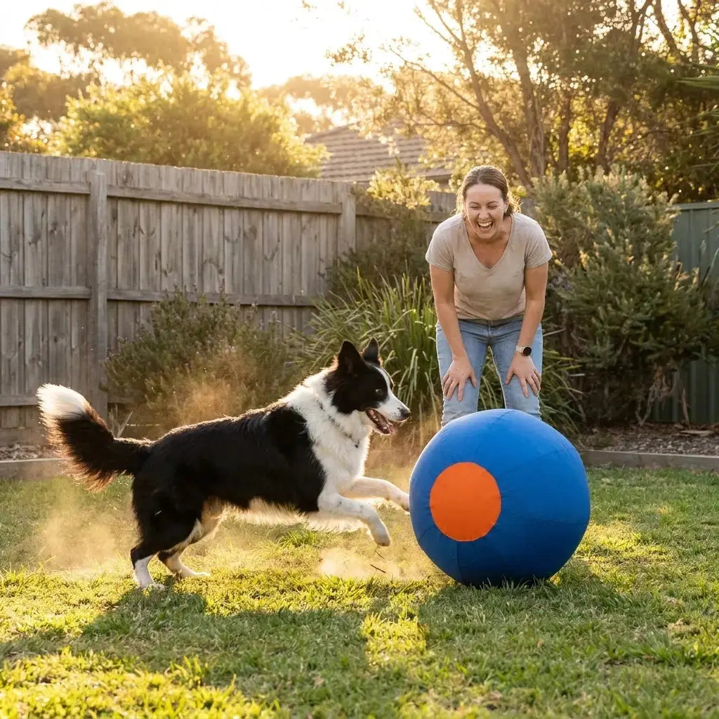 Owner playing with MusterBall™ herding ball with dog in backyard