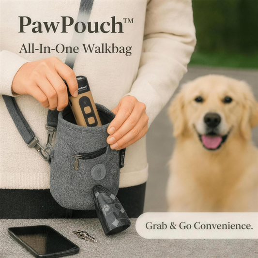 PawPouch™ All-In-One Walkbag: owner taking the QuietPaws™ anti-barking device out of the grey walking bag, with a golden retriever beside her