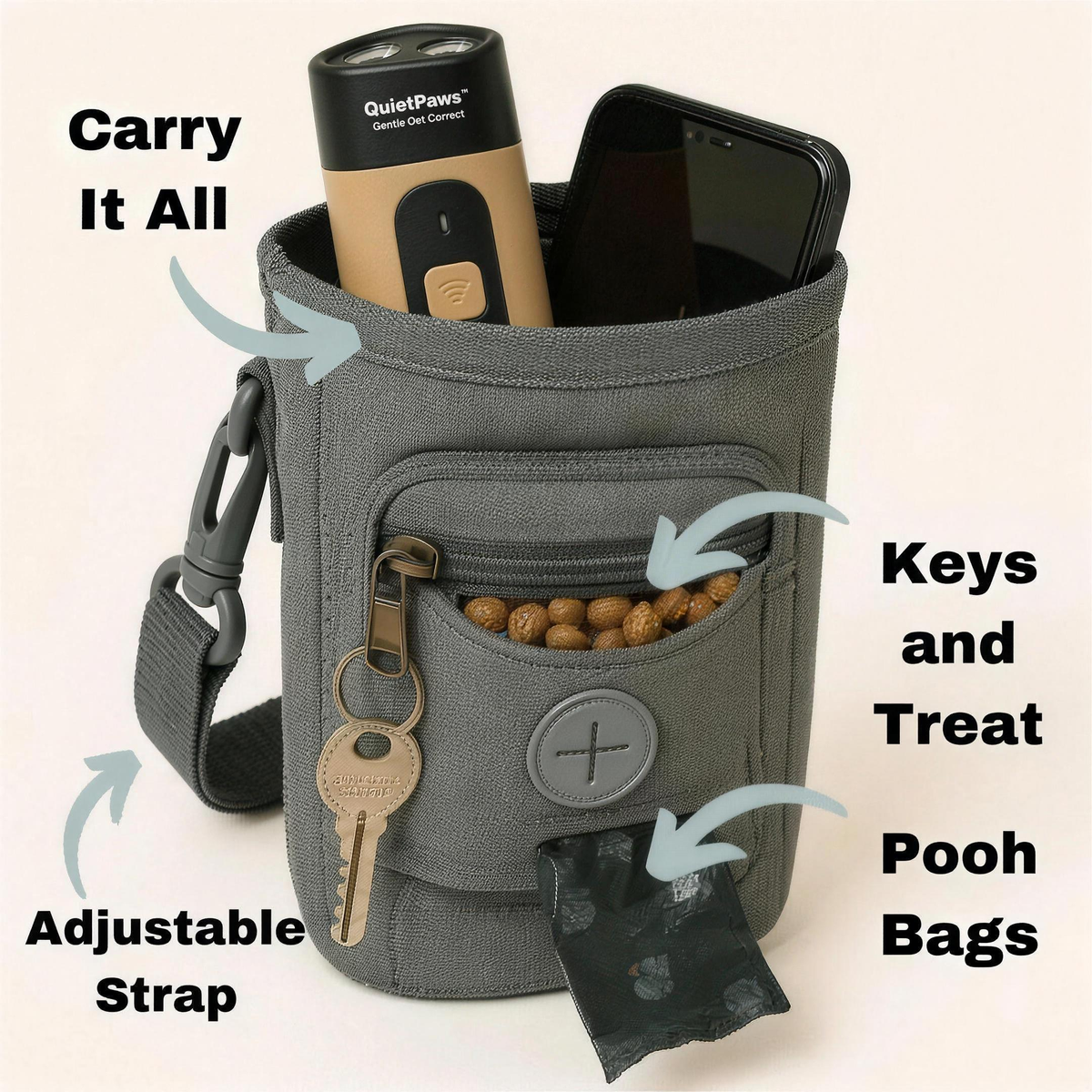 PawPouch™ walking bag carries your QuietPaws™, phone, keys, treats and poo bags, with an adjustable strap