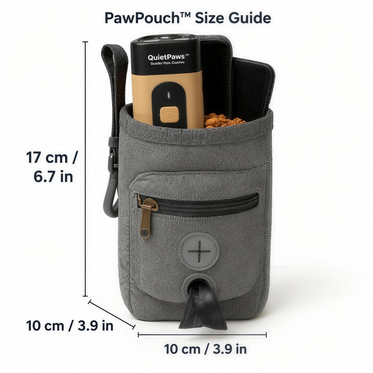 PawPouch™ dog walking bag size guide: 17 cm (6.7 in) high, 10 cm (3.9 in) wide, 10 cm (3.9 in) deep