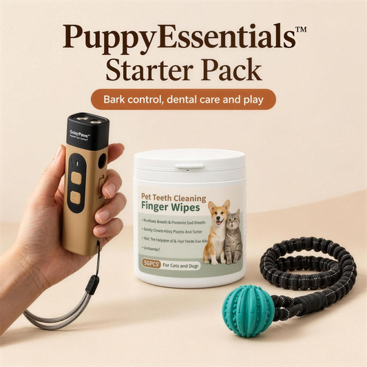 PuppyEssentials™ Starter Pack with QuietPaws™ anti-barking device, DentalPaws™ dog dental wipes and TugPaws™ bungee tug toy