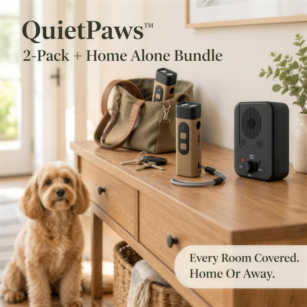 QuietPaws™ 2-Pack + Home Alone Bundle: two handheld bark control devices and the Home Alone unit on a hallway console table with a calm cavoodle