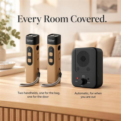 QuietPaws™ 2-Pack + Home Alone Bundle: two brown handheld bark control devices beside the black automatic Home Alone unit