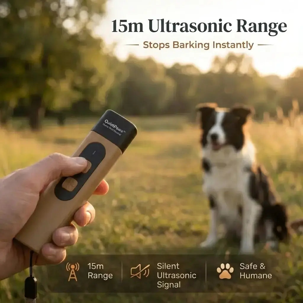 Hand holding a brown QuietPaws™ bark control device with a Border Collie sitting calmly in a field, showing the 15m ultrasonic range