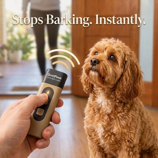 QuietPaws bark control device stopping a dog from barking as a visitor arrives at the front door