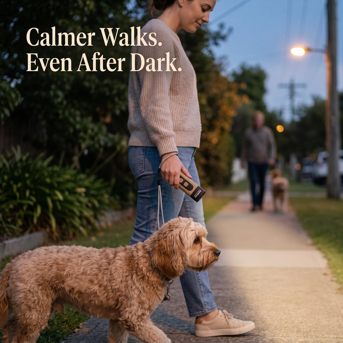 Woman walking her cavoodle at dusk using the QuietPaws bark control device, its torch lighting the footpath ahead