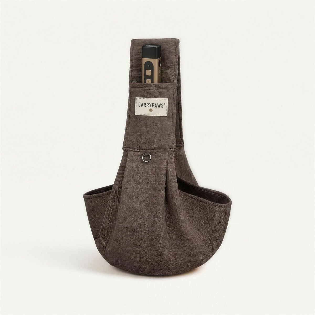 Coffee brown CarryPaws™ dog sling carrier with the brown QuietPaws™ bark control device in its front pocket