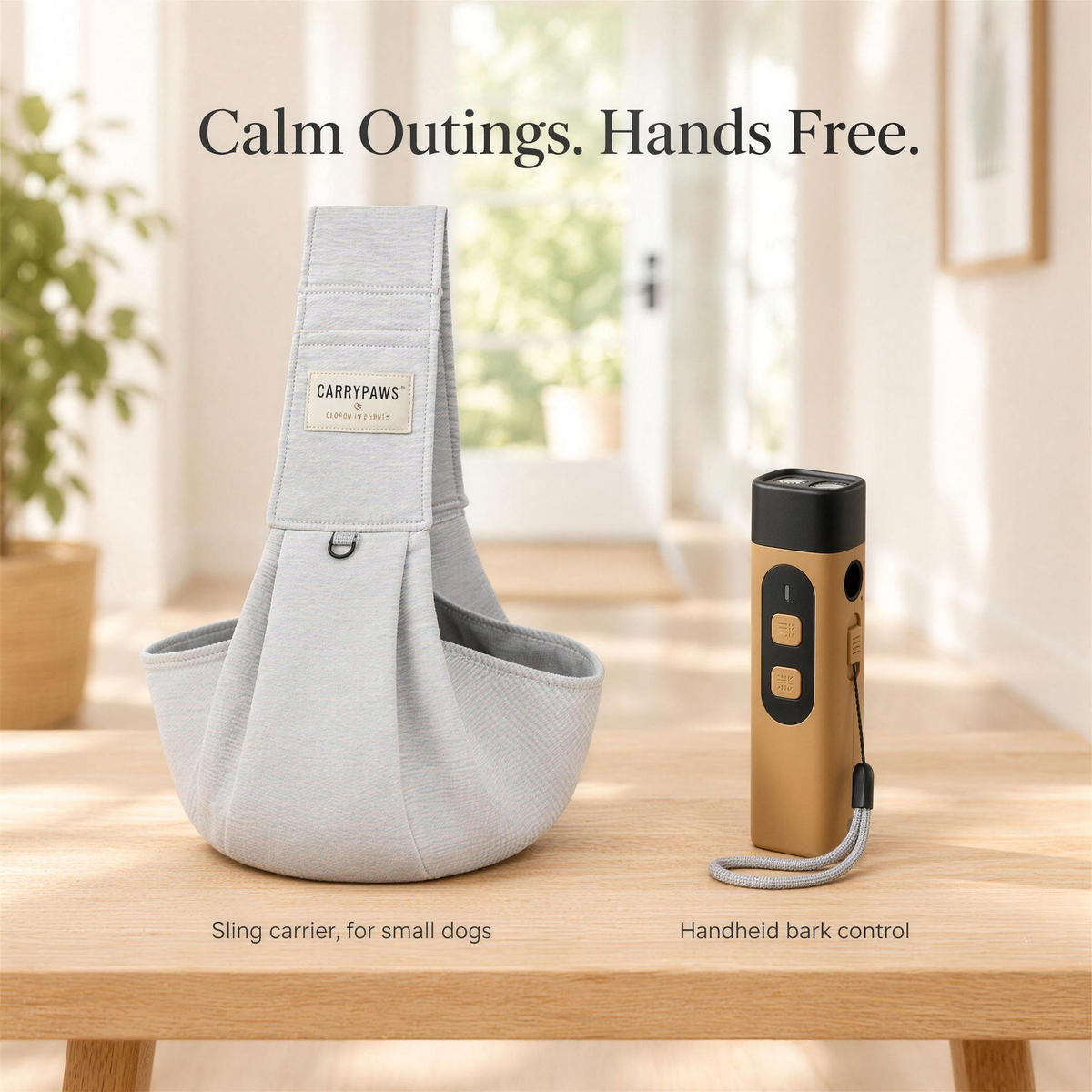 QuietPaws™ + CarryPaws™ Sling Bundle: the light grey CarryPaws dog sling carrier beside the brown handheld QuietPaws bark control device