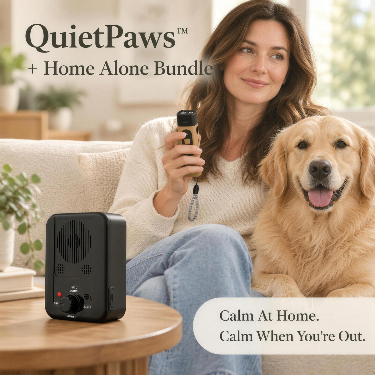 QuietPaws™ + Home Alone Bundle: woman on the sofa with her golden retriever holding the handheld bark control device, with the Home Alone unit on the side table