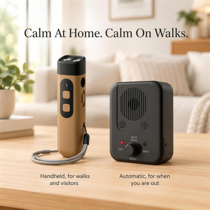 QuietPaws™ + Home Alone Bundle: the brown handheld bark control device beside the black automatic Home Alone unit on a living room table