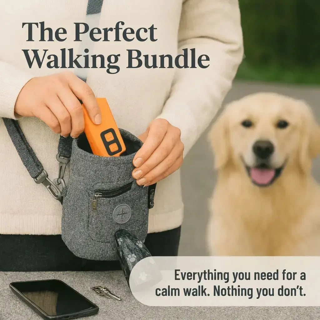 Woman holding grey walking bag with QuietPaws ultrasonic bark control device, ready for a calm stress-free dog walk with a golden retriever
