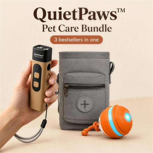 QuietPaws™ Pet Care Bundle with QuietPaws™ anti-barking device, PawPouch™ walking bag and Zoomiball™ dog ball