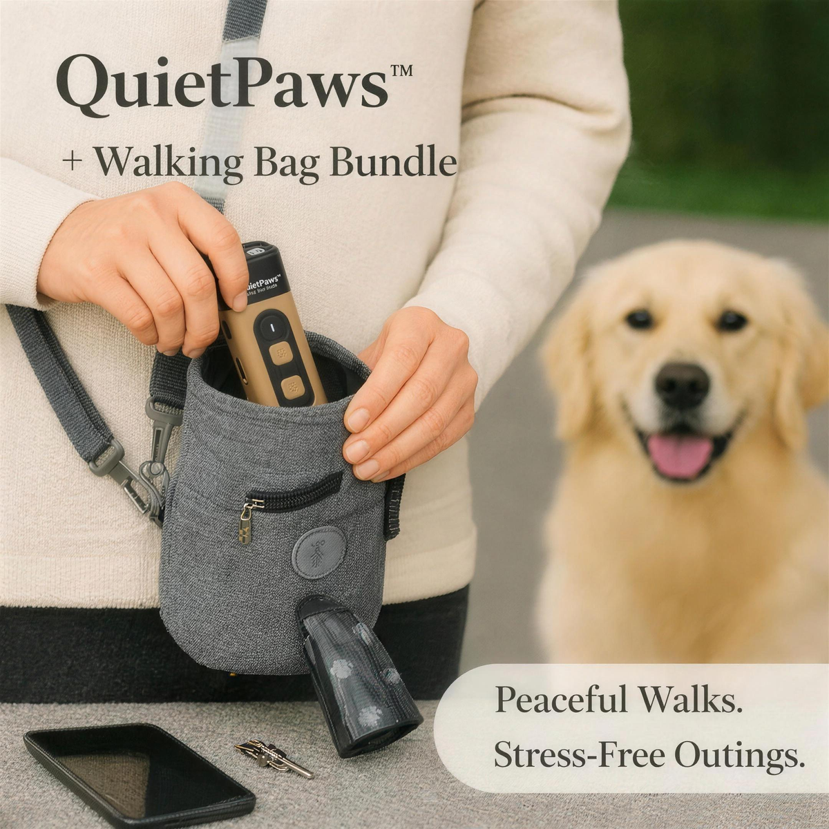 QuietPaws™ + Walking Bag Bundle: owner taking the QuietPaws™ anti-barking device out of the grey PawPouch™ walking bag, with a golden retriever beside her