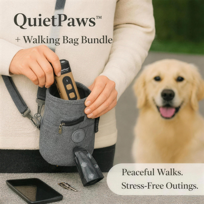 QuietPaws™ + Walking Bag Bundle: owner taking the QuietPaws™ anti-barking device out of the grey PawPouch™ walking bag, with a golden retriever beside her
