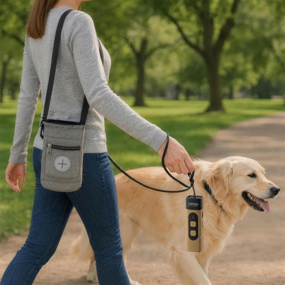 Woman walking a golden retriever in the park with the grey PawPouch™ walking bag and a brown QuietPaws™ on the lead