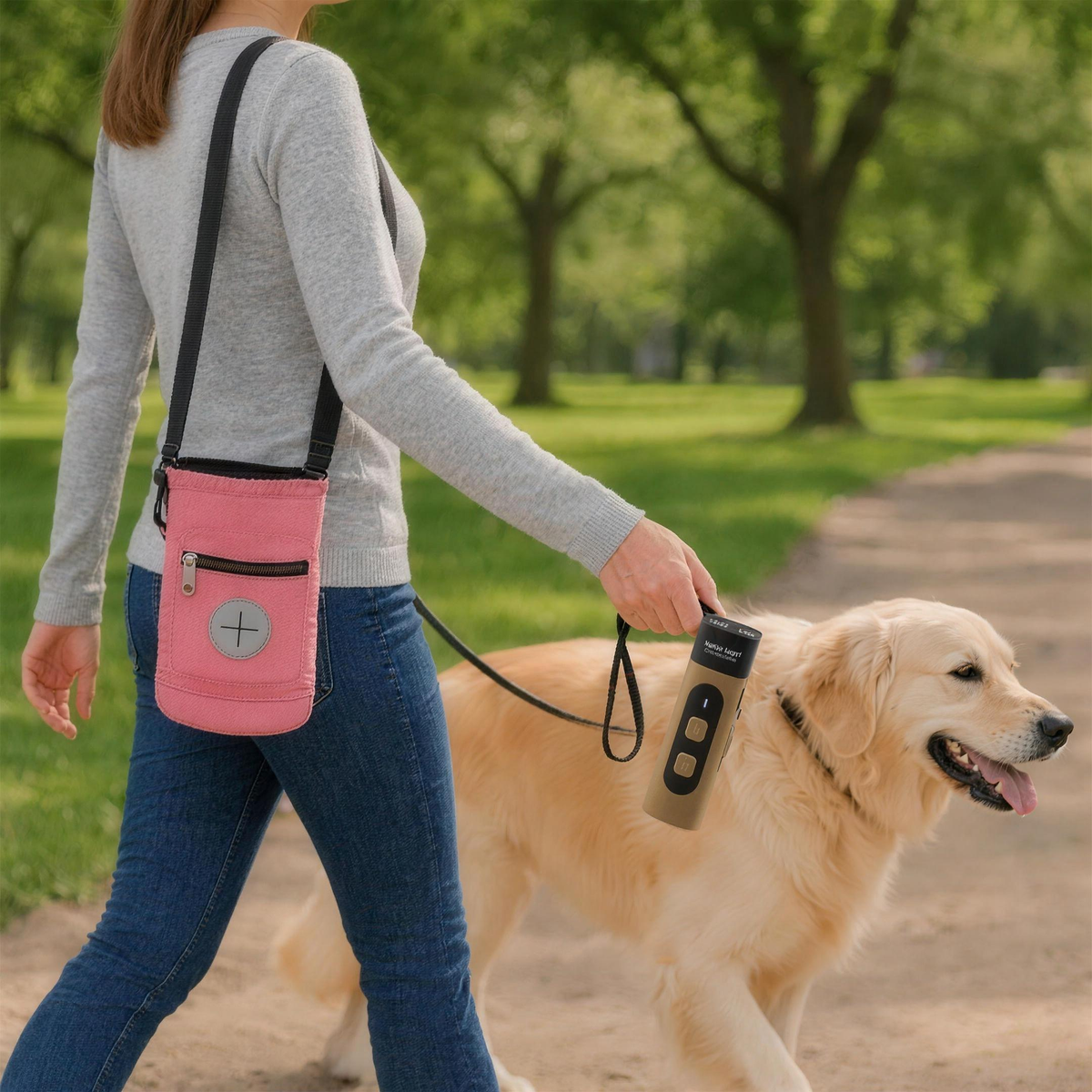 Woman walking a golden retriever in the park with the pink PawPouch™ walking bag and a brown QuietPaws™ on the lead
