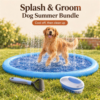 Splash and Groom Bundle: golden retriever cooling off in the AquaPaws™ splash pad, with the dematting comb and shampoo bath brush