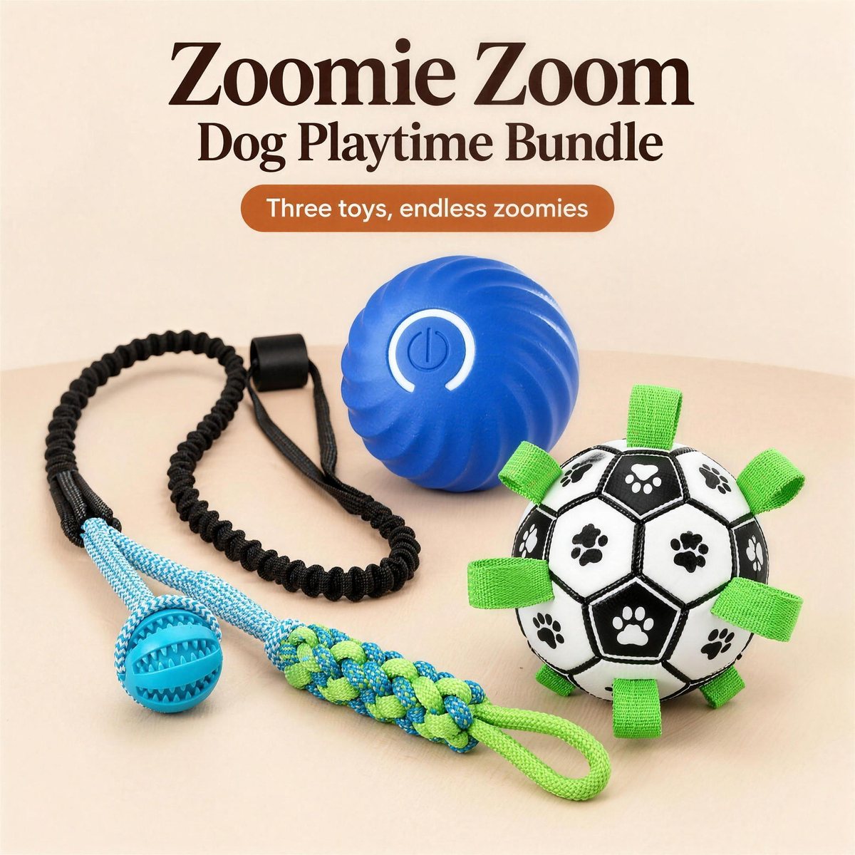 Zoomie Zoom Dog Playtime Bundle with TugPaws™ bungee tug set, blue Pet Moviball self-rolling ball and PawDribble™ dog football